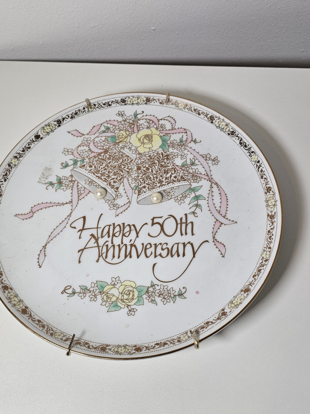 Happy 50th Anniversary Decorative Plate in White and Gold